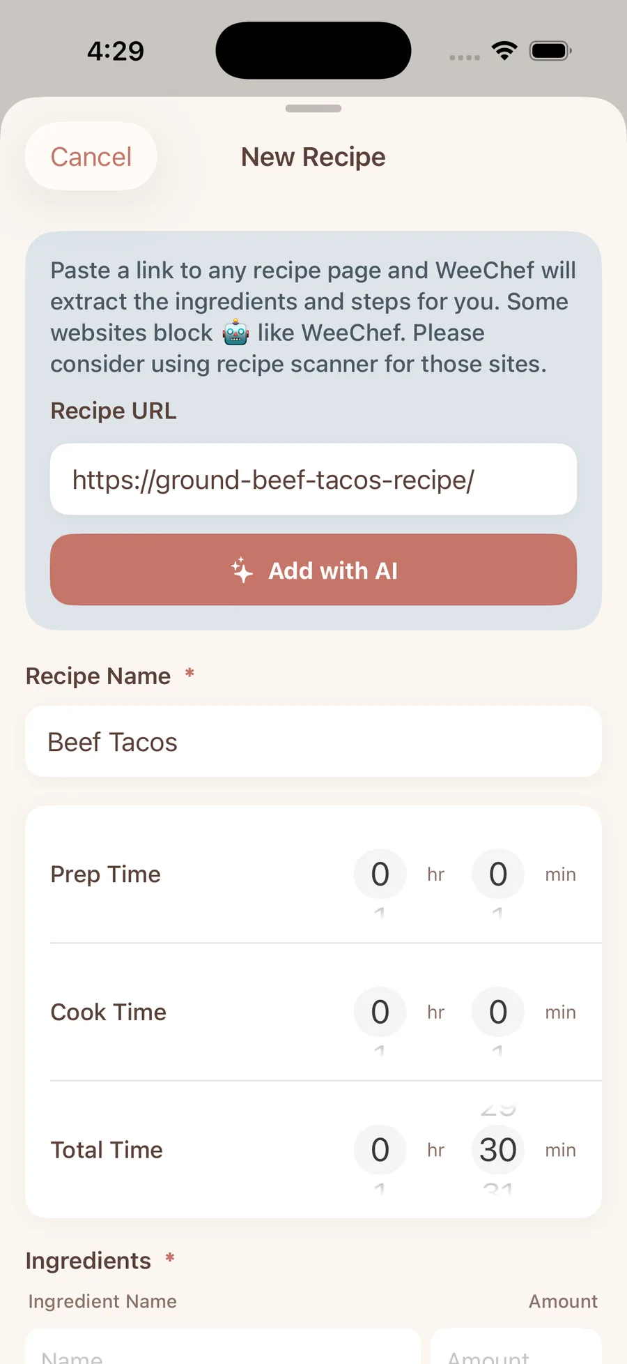 Add a recipe from a link in WeeChef