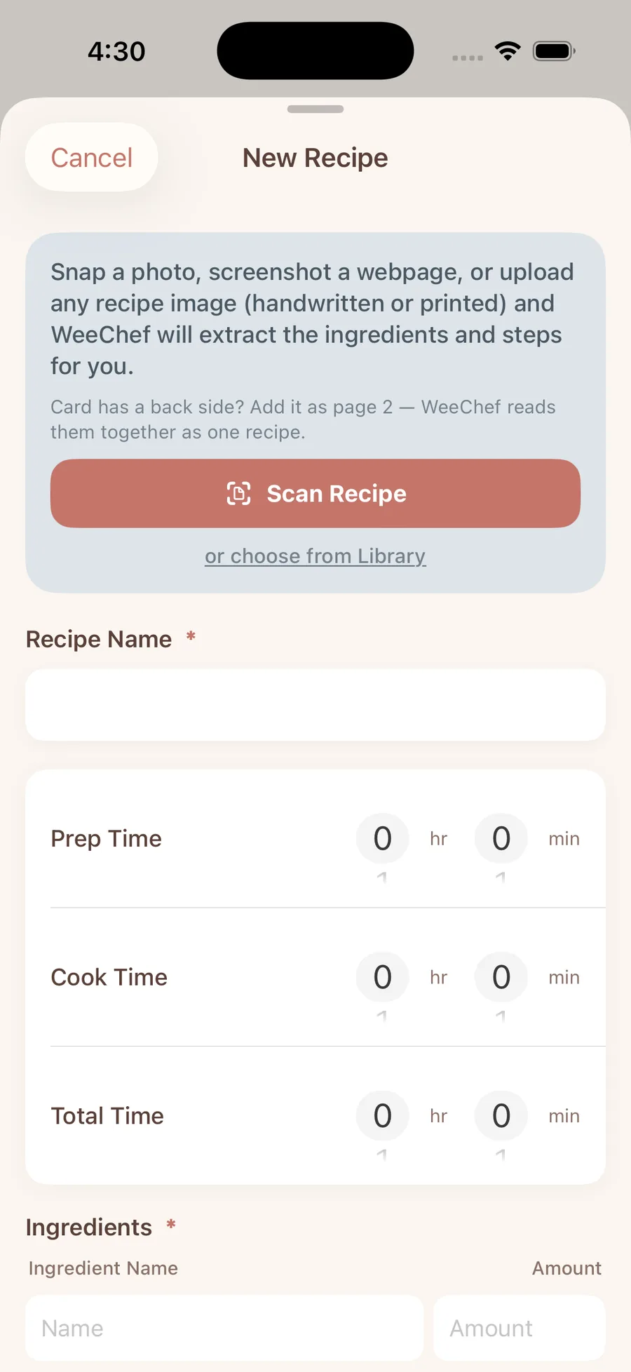 Scan a handwritten recipe card with WeeChef
